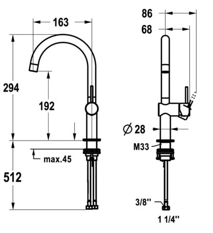 BATERIA ŁAZIENKOWA KWC ONO E RYSUNEK TECHNICZNY