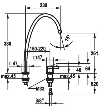 BATERIA KUCHENNA KWC ERA RYSUNEK TECHNICZNY